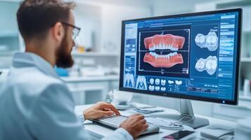 A dental expert is engaged in reviewing advanced 3D models of teeth and gums on a computer screen within a contemporary clinic. High-tech equipment surrounds the workspace, enhancing patient care. photo