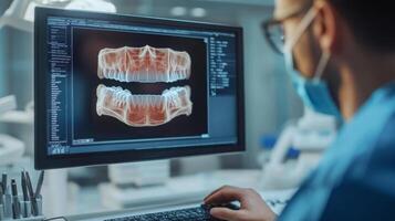 A dental professional analyzes a digital X-ray of teeth on a computer screen in a clinical setting. The advanced imaging system aids in diagnosing and planning treatment for patients effectively. photo