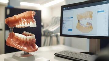 A digital dental model showing upper and lower jaws is positioned next to a computer screen in a contemporary clinic. The screen displays a detailed graphical representation of the dental structure. photo