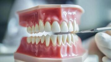 A dental professional examines a detailed model of teeth while utilizing precise tools to showcase digital dentistry methods. photo