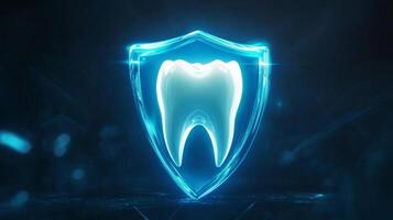 A futuristic representation of dental protection featuring a glowing tooth encased in a shield. This design emphasizes the integration of artificial intelligence in enhancing dental care and safety. photo