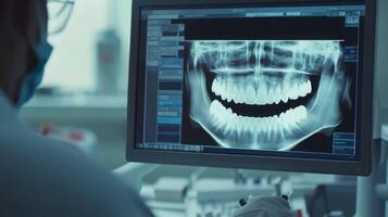A dental professional examines a digital X-ray of a patient's teeth on a computer screen in a sophisticated clinic. The use of artificial intelligence assists in diagnosis and treatment planning. photo