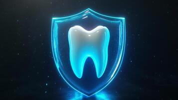 A glowing shield with a tooth design signifies dental protection through advanced technology. The background's dark tones highlight the innovative use of artificial intelligence in dentistry. photo