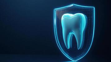 This visual representation features a glowing tooth inside a protective shield, symbolizing the integration of artificial intelligence in dentistry for enhanced patient protection and care. photo