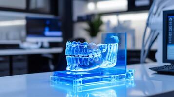 A clear dental model is prominently displayed in a cutting-edge dental clinic. The workspace features sleek design and advanced technology, illustrating the integration of AI in dentistry. photo