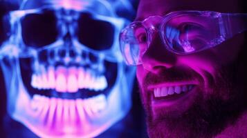 A dentist examines a vivid digital x-ray showing a skull against a colorful backdrop. He wears protective glasses and smiles, demonstrating the integration of AI in modern dentistry. photo