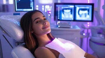 A young patient smiles while seated in a high-tech dental clinic. The environment is illuminated with soft purple lighting, creating a calm atmosphere. photo