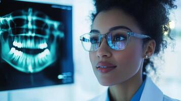 A dentist examines a digital X-ray on a screen in a modern dental clinic. The professional is focused and thoughtful, utilizing advanced technology to enhance patient care and diagnostics. photo