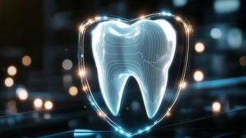 Advanced artificial intelligence in dentistry demonstrates protective measures for dental health. The futuristic design emphasizes the importance of safeguarding smiles using innovative technology. photo