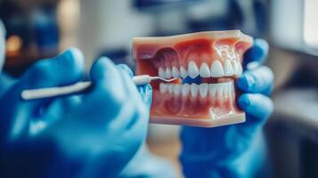 A dental professional in blue gloves is performing meticulous work on a realistic dental model. This technique showcases the importance of AI and digital tools in modern dentistry practices. photo