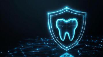 A glowing shield symbolizing protection surrounds a digital tooth graphic, emphasizing the role of artificial intelligence in modern dentistry. photo