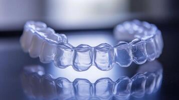 A clear dental aligner is displayed on a reflective surface, showcasing its transparent design. This innovative tool is used for orthodontic treatment, aligning teeth discreetly and effectively. photo
