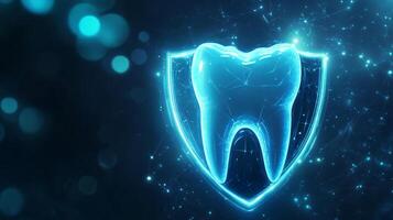 A glowing shield with a tooth design represents the concept of dental protection through advanced artificial intelligence. photo