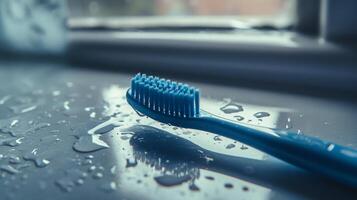 A blue toothbrush sits on a damp surface, droplets of water scattered around it. This captures the essence of routine dental hygiene practices. photo
