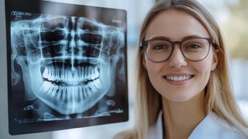 A dentist showcases the integration of artificial intelligence in dental practices while smiling next to a dental x-ray. The setting reflects modern advancements in oral health technologies. photo