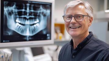 A friendly dentist stands in a modern clinic, smiling at the camera. Behind him, a digital X-ray display shows a detailed dental scan, emphasizing the integration of technology in dental practice. photo