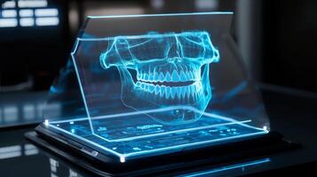A futuristic display showcases a 3D holographic model of a human skull, emphasizing dental structures. This digital representation highlights the potential of technology in modern dentistry. photo