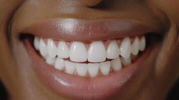 A close-up view highlights a perfect set of white teeth, symbolizing the effective results of innovative dental practices using AI. Enhanced oral health reflects confidence and wellness. photo