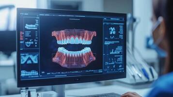 A dentist examines an advanced AI-assisted program displaying detailed 3D dental scans on a computer monitor in a modern clinic. The analysis enhances precision and treatment planning. photo