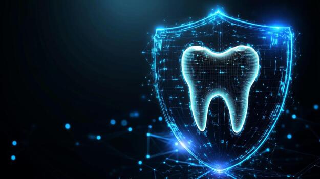 A high-tech shield graphic showcases a tooth symbol, emphasizing the integration of artificial intelligence in enhancing dental protection and care. photo