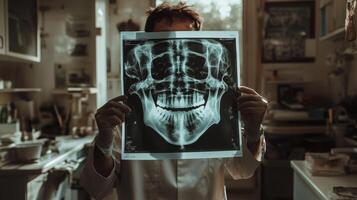 A dental professional holds a digital X-ray showing a patient's smile, showcasing advanced technology in a modern clinic. The expert focuses on analyzing the results for diagnostic purposes. photo