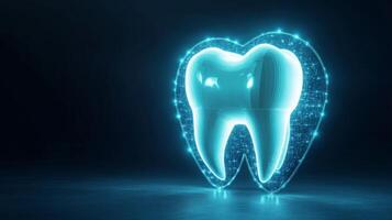 A glowing digital tooth model represents cutting-edge dentistry technology dedicated to improving dental protection and patient care. photo