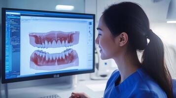 A dental professional reviews digital models of teeth on a computer screen in a contemporary clinic. This innovative workspace highlights the integration of AI in dentistry for improved patient care. photo