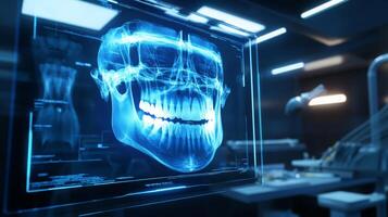 A state-of-the-art dental clinic features an AI-driven digital imaging system displaying a detailed 3D model of a skull. photo