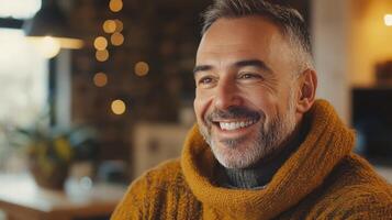 A middle-aged man with a friendly smile sits comfortably in a stylish clinic waiting area. Dressed in a warm sweater, he appears relaxed while surrounded by contemporary dental equipment and decor. photo