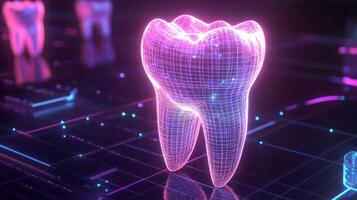 A futuristic 3D depiction of a tooth is displayed, designed with advanced AI elements. The glowing design highlights protective aspects relevant to dental care in a modern setting. photo