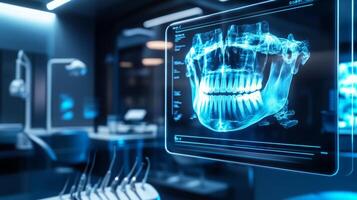 Advanced ai technology is showcased in a dental office, highlighting a digital display of a patient's jaw structure. This modern approach enhances diagnostics and treatment planning effectively. photo