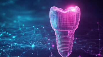 A detailed digital representation of a dental implant is shown against a vibrant background of interconnected networks and abstract patterns. photo