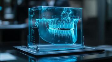 A digital dental model displays a 3D representation of a skull with teeth, highlighting advanced imaging technology in a contemporary dental clinic. photo