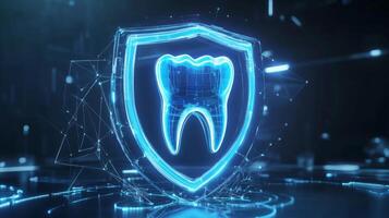 This graphic showcases a digital shield featuring a tooth icon, representing advancements in artificial intelligence aimed at enhancing patient protection and promoting oral health in dentistry. photo