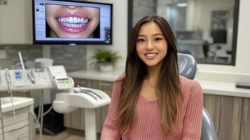 A patient sits in a modern dental office, smiling broadly. Behind her, an image of a bright smile is visible on the screen. The setting is equipped with advanced dental tools and decor. photo