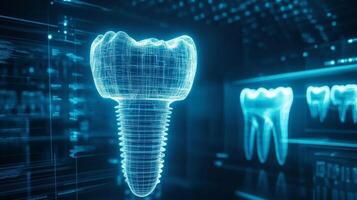 A futuristic representation of a dental implant is displayed in a digital setting, highlighting innovations in dentistry technology. This 3D visualization signifies the evolution of dental practices. photo