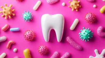 Modern dental practices incorporate artificial intelligence to protect oral health. Colorful representations of bacteria and a tooth illustrate the importance of advanced solutions in dentistry. photo