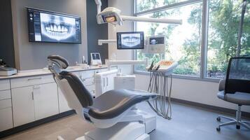 High-tech dental office equipped with digital imaging systems and a comfortable treatment chair. Large windows provide natural light, enhancing the calming atmosphere for patients during visits. photo