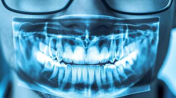 A person wearing glasses examines an advanced x-ray display of teeth, showcasing cutting-edge ai applications in dentistry. This scene illustrates the future of digital dental practices. photo