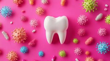 A white tooth model sits prominently on a vibrant pink background, surrounded by various colorful microbe representations. photo