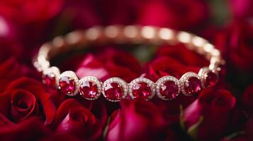 A stunning ruby bracelet is nestled within a bed of red roses, showcasing its intricate design and brilliant gemstones. photo