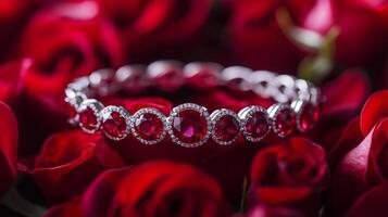 A stunning bracelet adorned with red gemstones is elegantly placed among a bed of rich red roses. The intricate design and sparkling gems create a luxurious visual experience. photo