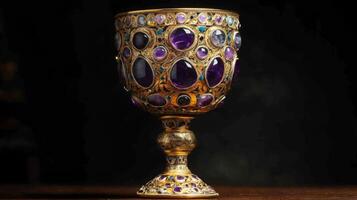 A beautifully crafted goblet holds an array of vibrant gemstones set in gold, catching the light elegantly. photo