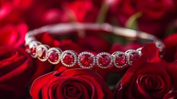 A stunning bracelet adorned with sparkling gemstones is elegantly placed among velvety red roses. The vivid colors create a romantic atmosphere perfect for special occasions or gifts. photo