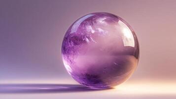 A beautifully crafted gemstone sphere displays striking purple colors, glimmering as it captures natural light. photo