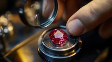 A skilled artisan inspects a bright ruby gemstone using a magnifying lens, showcasing the intricate details of the jewel. The workshop is filled with tools enhancing gem evaluation. photo