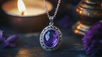 A stunning amethyst pendant hangs elegantly on a delicate chain, illuminated by soft candlelight. photo