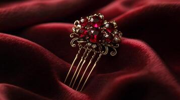 This exquisite hair comb showcases a stunning arrangement of red gemstones adorned with sparkling accents, resting gracefully on rich, deep fabric, highlighting its intricate design and detail. photo