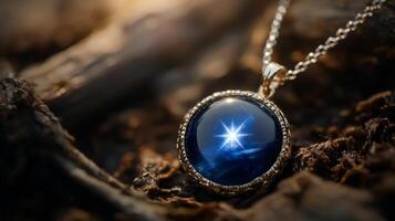 The gemstone pendant features a deep blue color, radiating a brilliant star-like reflection. It rests elegantly on a textured, earthy surface, illuminated by warm, soft lighting. photo