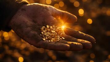 A hand holds a collection of gleaming golden gemstones sparkling in sunlight. The dusty background hints at a recent outdoor exploration, with warm colors enhancing the treasure's allure. photo